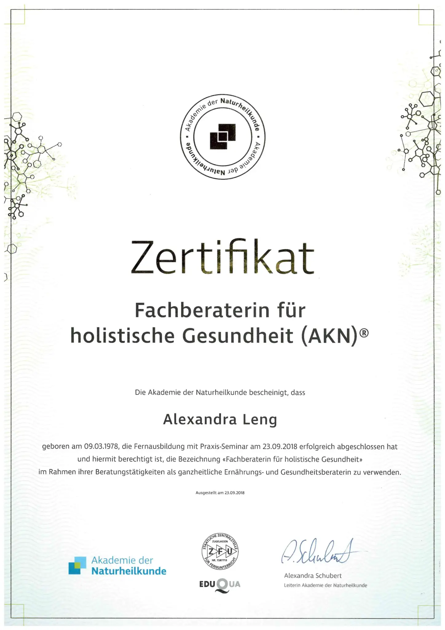 Alexandra Leng - Zertifikat Fachberaterin für holistische Gesundheit (AKN)®
