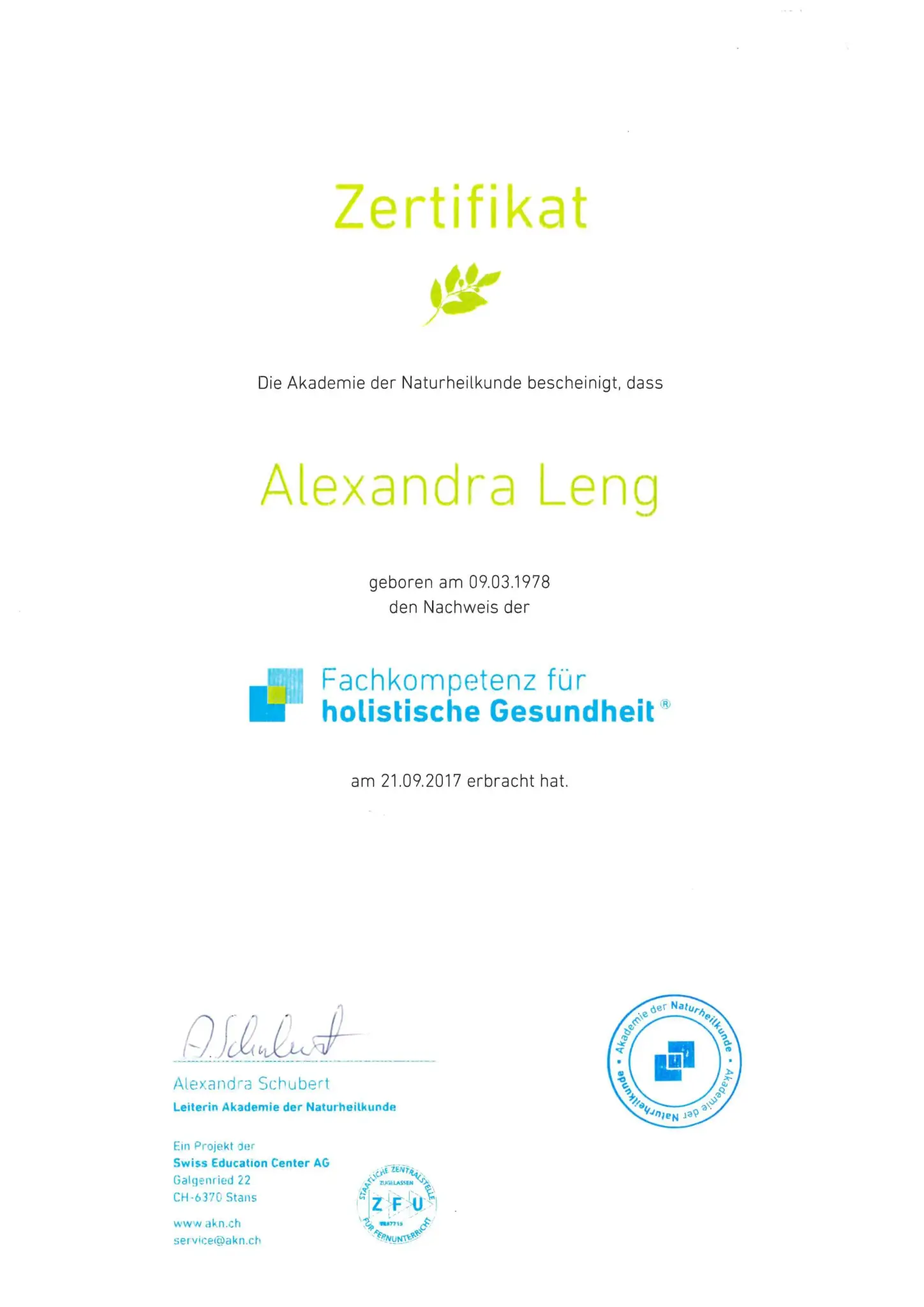 Alexandra Leng - Zertifikat